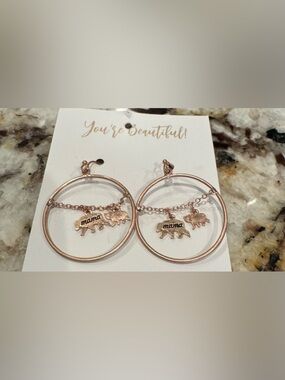 Mama Bear Hoop Dangle Earrings - Rose Gold Tone